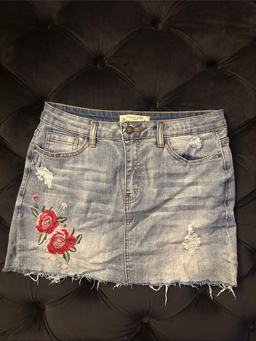 Distressed Denim Mini Skirt with Red Rose Embroidery